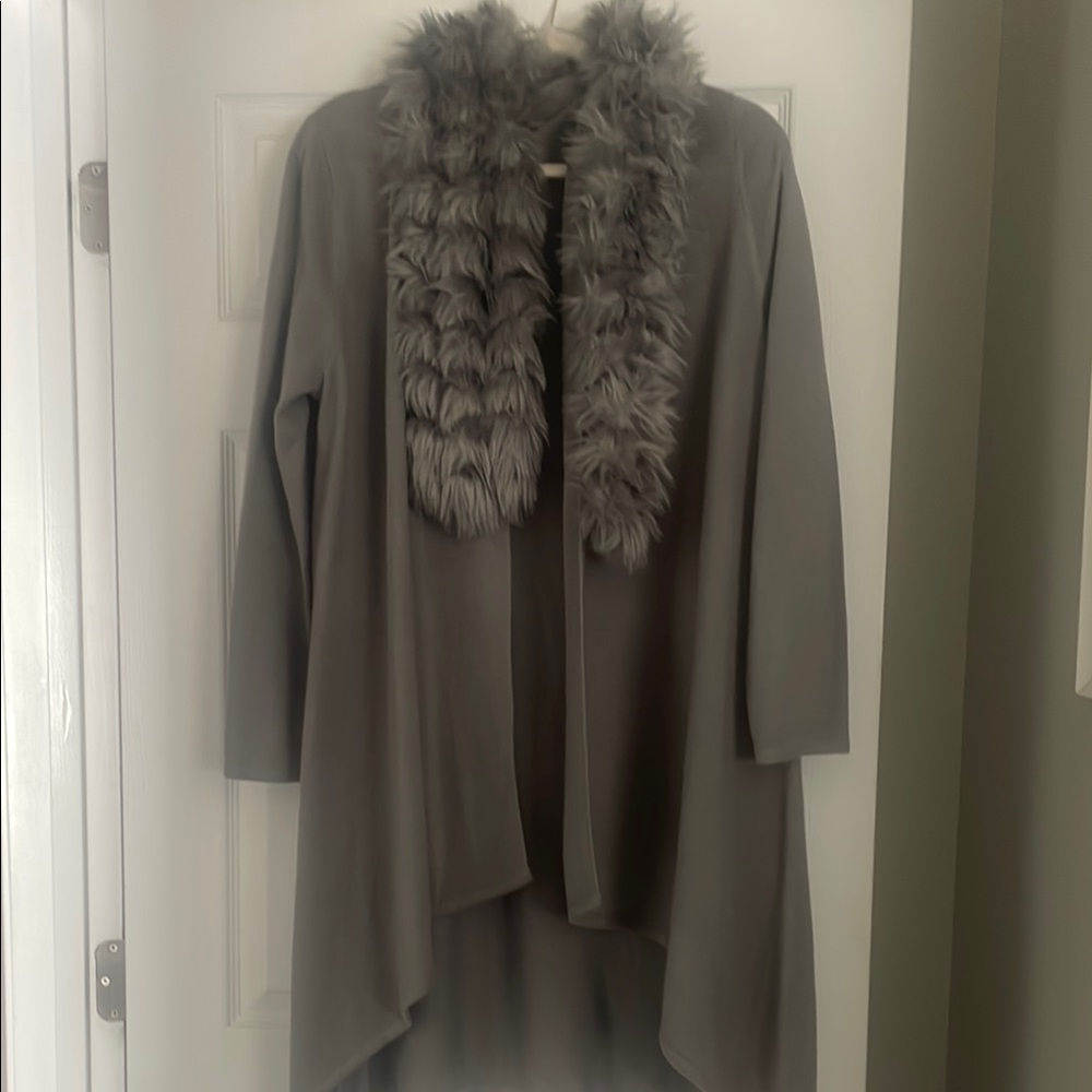 Gray Cardigan with Faux Fur Collar